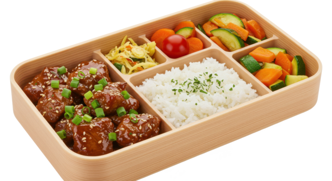 Close up of a bento box filled with teriyaki chicken, rice, and vegetables, a healthy and balanced meal