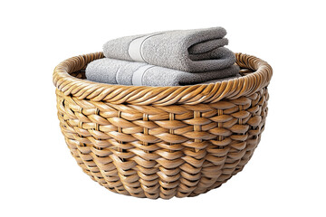 Obraz premium aundry basket, woven or plastic style, filled with folded towels or clothes, isolated on white background