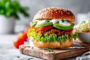 A delicious vegan burger with fresh avocado and ripe tomato on a wooden board, garnished with sesame seeds and creamy sauce, perfect for a healthy and tasty meal.