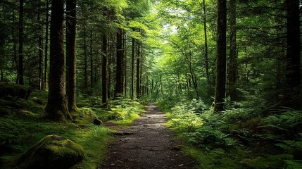 Obraz premium Enchanted Forest Path. A serene trail surrounded by dense foliage and dappled sunlight. Ideal for nature therapy content, hiking guides, or fantasy storytelling. 