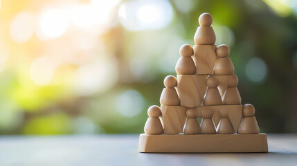 Hierarchy of Wooden Figures: Wooden figures arranged in a hierarchical pyramid formation, representing various roles in the business structure.