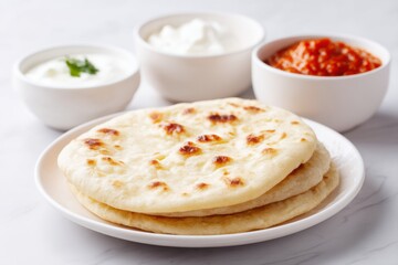 Freshly Baked Naan Bread with Accompaniments Ready to Serve