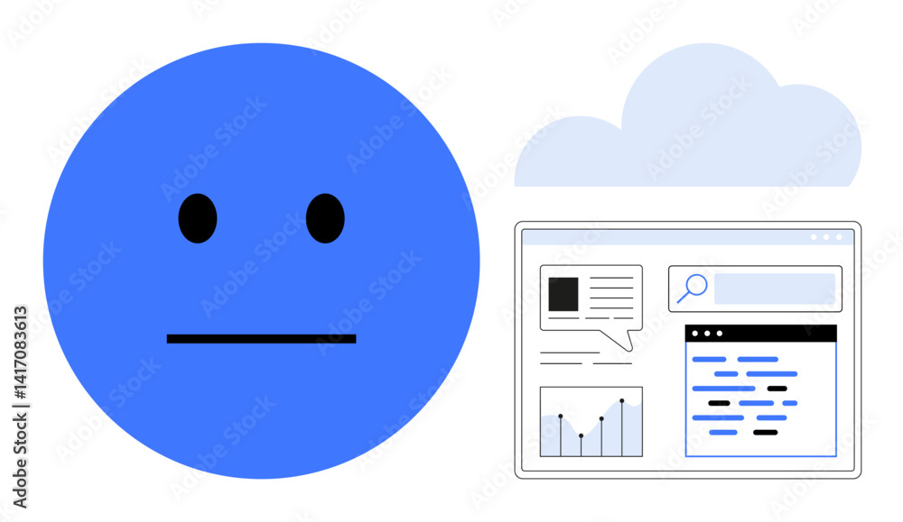 Poster blue neutral face beside a webpage layout with graphs, text bars, and a search tool under a cloud. i