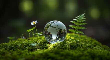 Crystal Globe on Moss with Flower and Fern - Representing Earth and Nature