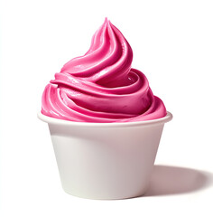 Food photography, a close-up of an ice cream tub with pink ice cream  and a spoon inside the bowl. The color is vibrant, the texture is smooth, and it looks delicious. It's against a white background