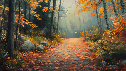 Fototapeta premium Autumnal Path A Misty Wooden Walkway Covered in Fallen Leaves