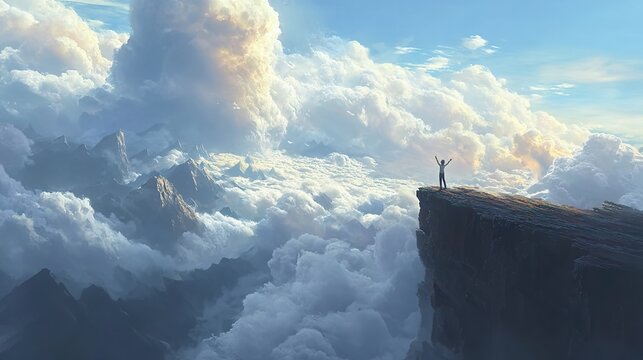 Cliffside Triumph. A figure atop a cliff embracing clouds and sunlight. Ideal for motivational posters, travel ads, or self-help content. 