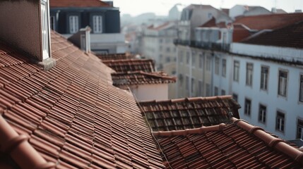 Fototapeta premium Overlooking a sea of red roof tiles, with classic architecture stretching into the horizon under a gentle, cloudy sky.