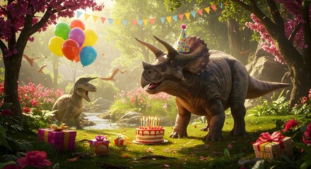 Celebrating Dinosaur Birthday Party in a Lush Forest