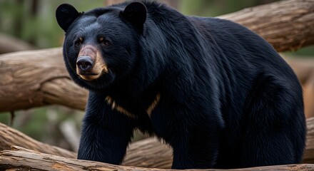 Black Bear Standing on Fallen Log in Forest