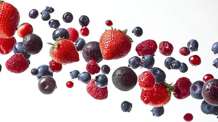  Levitating Berry Freshness. Vibrant strawberries, blueberries, and raspberries floating mid-air. Perfect for juice ads, health blogs, or organic markets.