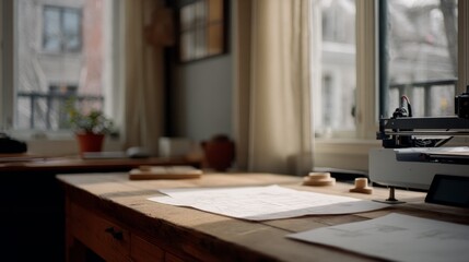 Sunlit wooden desk with sketches and tools amidst a creative workshop ambiance, waiting for inspiration.