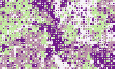 Fototapeta premium Abstract pixel art background. Vibrant purple, green, and white squares create a dynamic, textured pattern perfect for websites, presentations, or digital art projects.
