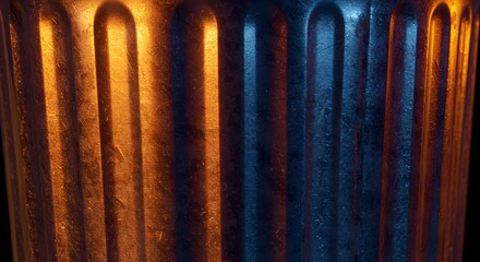 Abstract Metal Surface with Grooves Lit by Contrasting Warm and Cool Lights