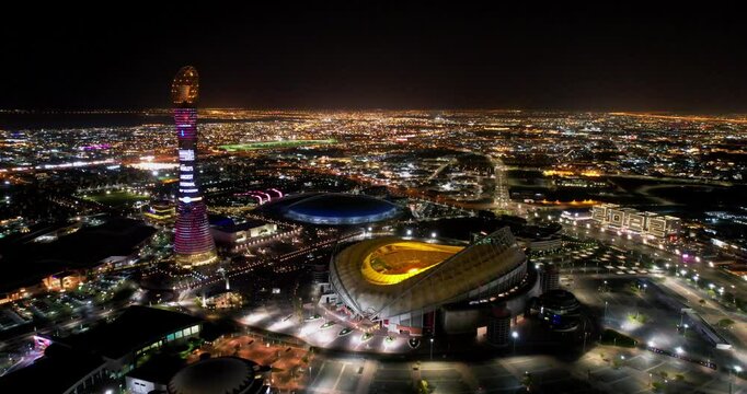 Night Aerial view Khalifa International Stadium in Qatar