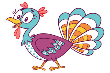 6 Cartoon turkey, vibrant colors, stylized illustration, red wattle, blue polka-dotted head, colorful feathers, purple body, teal wings, orange and white tail feathers, yellow legs, whimsical design, 