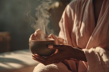 A woman in a pink robe holds a steaming cup of tea in a serene and peaceful setting, with warm sunlight and soft shadows, creating a calming atmosphere.