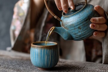 A serene moment captured as hot tea is poured from a rustic blue teapot into a matching cup, creating a calming and aesthetically pleasing scene.