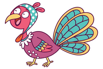 Fototapeta premium 6 Cartoon turkey, vibrant colors, stylized illustration, red wattle, blue polka-dotted head, colorful feathers, purple body, teal wings, orange and white tail feathers, yellow legs, whimsical design, 