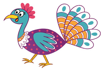 Fototapeta premium 6 Cartoon turkey, vibrant colors, stylized illustration, red wattle, blue polka-dotted head, colorful feathers, purple body, teal wings, orange and white tail feathers, yellow legs, whimsical design, 