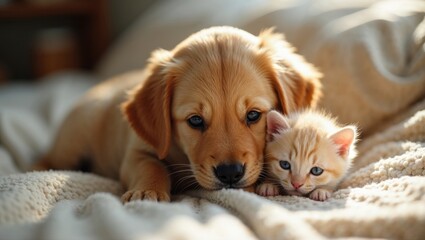 golden retriever puppy and a fluffy kitten