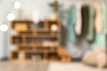 Rack with clothes and shelving unit  in interior of dressing room. Blurred view