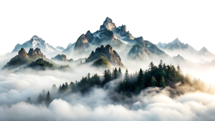 Majestic Mountain Range Above the Clouds - Isolated on White Background