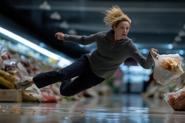 Woman dramatically falling in supermarket after tripping, groceries spilling out of bag, looking worried and scared, wearing grey sweater and dark jeans, action shot.