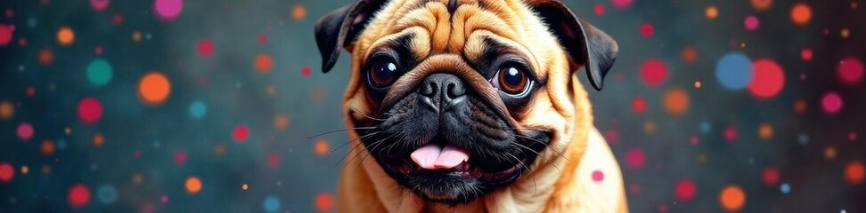 Rainbow splattered pug wallpaper, vibrant colors, animal, background