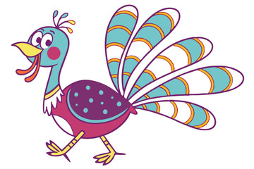 Obraz premium 6 Cartoon turkey, vibrant colors, stylized illustration, red wattle, blue polka-dotted head, colorful feathers, purple body, teal wings, orange and white tail feathers, yellow legs, whimsical design, 