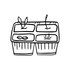 Hand-drawn vector illustration of growing plants in a pot, spring seedlings, seedlings. Agriculture, growing plants. The concept of farming, a home garden.