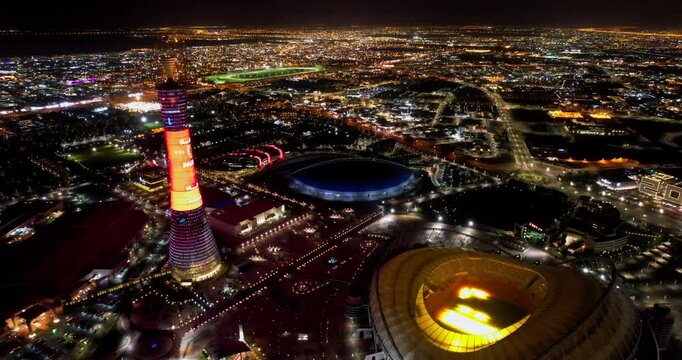 Night Aerial view Khalifa International Stadium in Qatar