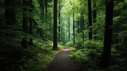 Obraz premium Enchanted Forest Pathway. A shaded trail surrounded by lush greenery and sunlight. Used in eco-tourism ads, meditation apps, or nature therapy. 