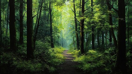 Obraz premium Enchanted Forest Pathway. A shaded trail surrounded by lush greenery and sunlight. Used in eco-tourism ads, meditation apps, or nature therapy. 