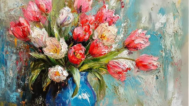 Vibrant tulips in a blue vase, impasto style