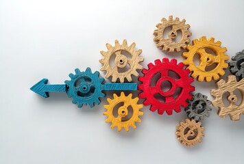 Mechanical Gears and Arrow. Colorful interconnected gears with a blue arrow on white. Used in industrial design, teamwork metaphors, or educational content.