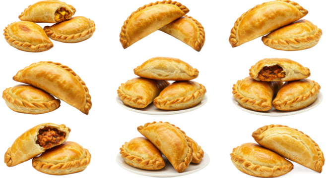A display of golden baked empanadas stacked on plates with visible fillings and crimped edges