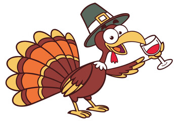 7 Cartoon turkey, Pilgrim hat, wine glass, colorful feathers, Thanksgiving, humorous illustration, big eyes, red wattle, brown and orange plumage, festive, anthropomorphic, cheerful expression, holida