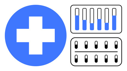 Obraz premium Blue cross, test tubes with liquid, and rows of pills symbolizing healthcare, diagnostics, and medicine. Ideal for healthcare, pharmaceuticals, diagnostics, chemistry medical research healthcare