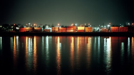 Obraz premium Illuminated cargo containers reflect vibrantly on the water, painting the night scene with industrial hues.
