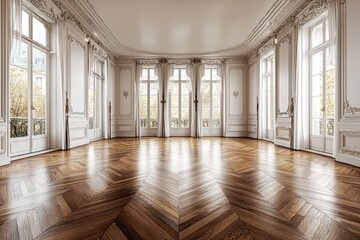 Fototapeta premium Ornate room large windows, detailed trim, parquet floor, bright and empty