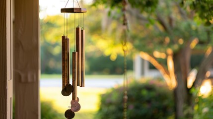 Gentle Wind Chimes: A visual of wind chimes hanging from a porch, their gentle sounds creating a calming atmosphere as they move in a light breeze