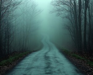 Naklejka premium Fog-shrouded, winding road through a misty forest.