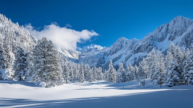 Snow covered trees and mountains under a clear blue sky in a winter wonderland landscape scene