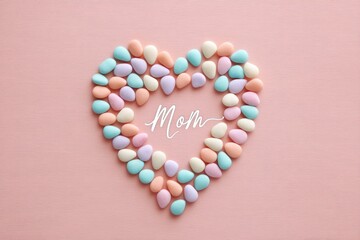 Colorful Heart Confetti Arranged in a Sweet Tribute to Mom on a Soft Pink Background