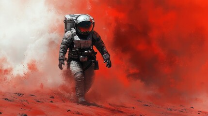 Astronaut exploring a red planet surface in a space suit