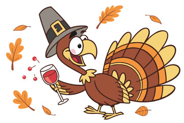 7 Cartoon turkey, Pilgrim hat, wine glass, colorful feathers, Thanksgiving, humorous illustration, big eyes, red wattle, brown and orange plumage, festive, anthropomorphic, cheerful expression, holida