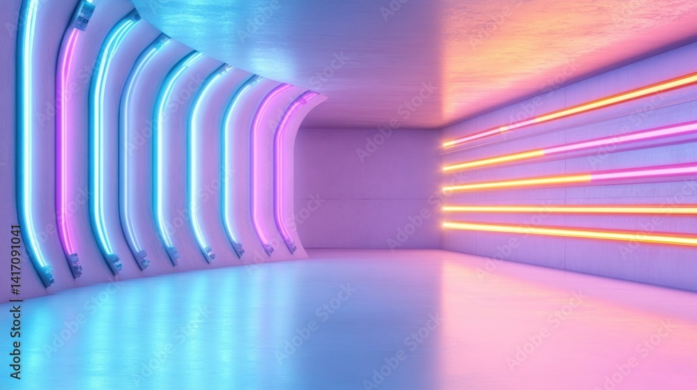 Poster neon tunnel vision: an entrancing 3d rendering of an empty space, bathed in a radiant display of vib