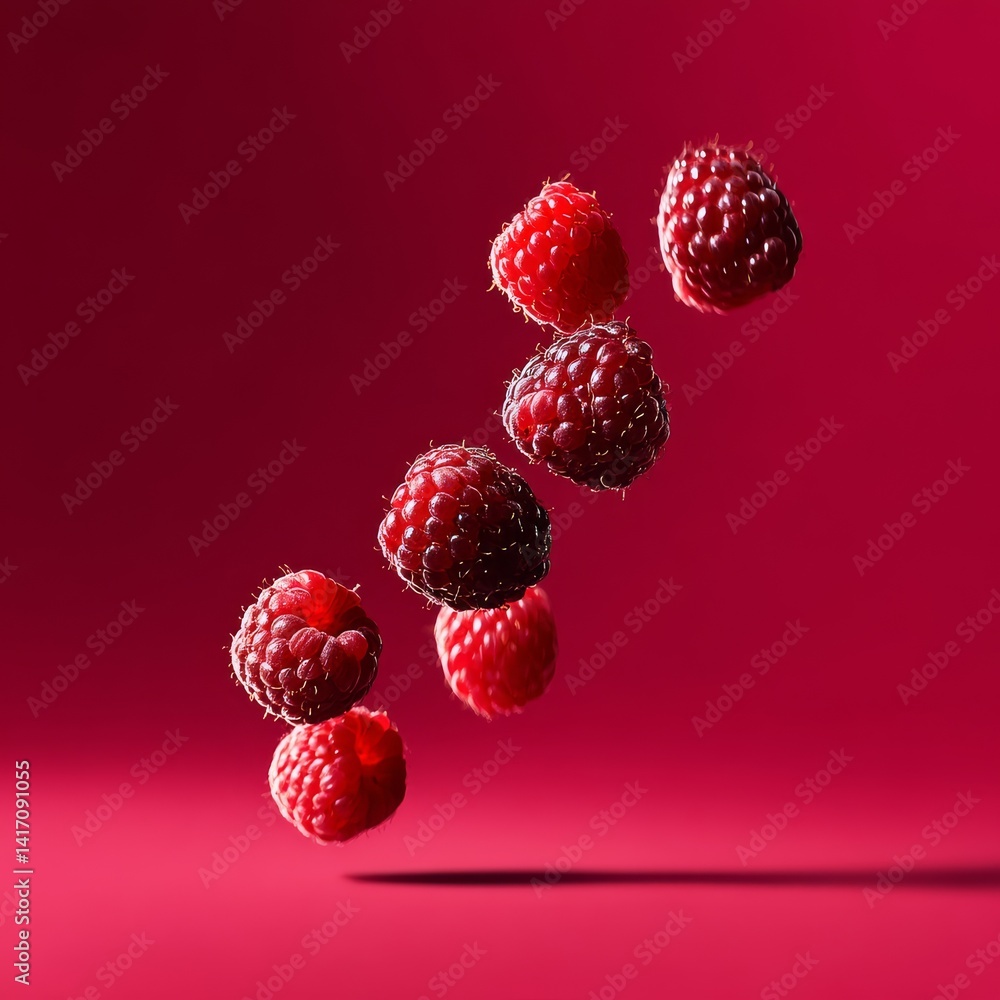 Poster raspberry cascade: a vibrant display of ripe raspberries in mid-air, set against a deep red backdrop