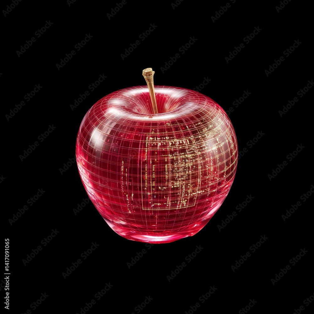 Poster red tech apple: a futuristic digital representation of a fruit with a grid-like structure showcasing